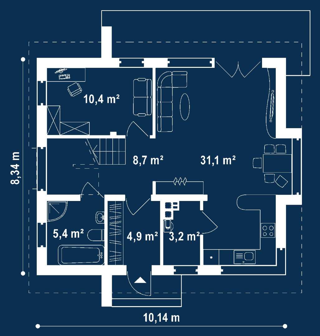 Plan parter Casă cu mansardă 109 mp utili, un dormitor, o baie