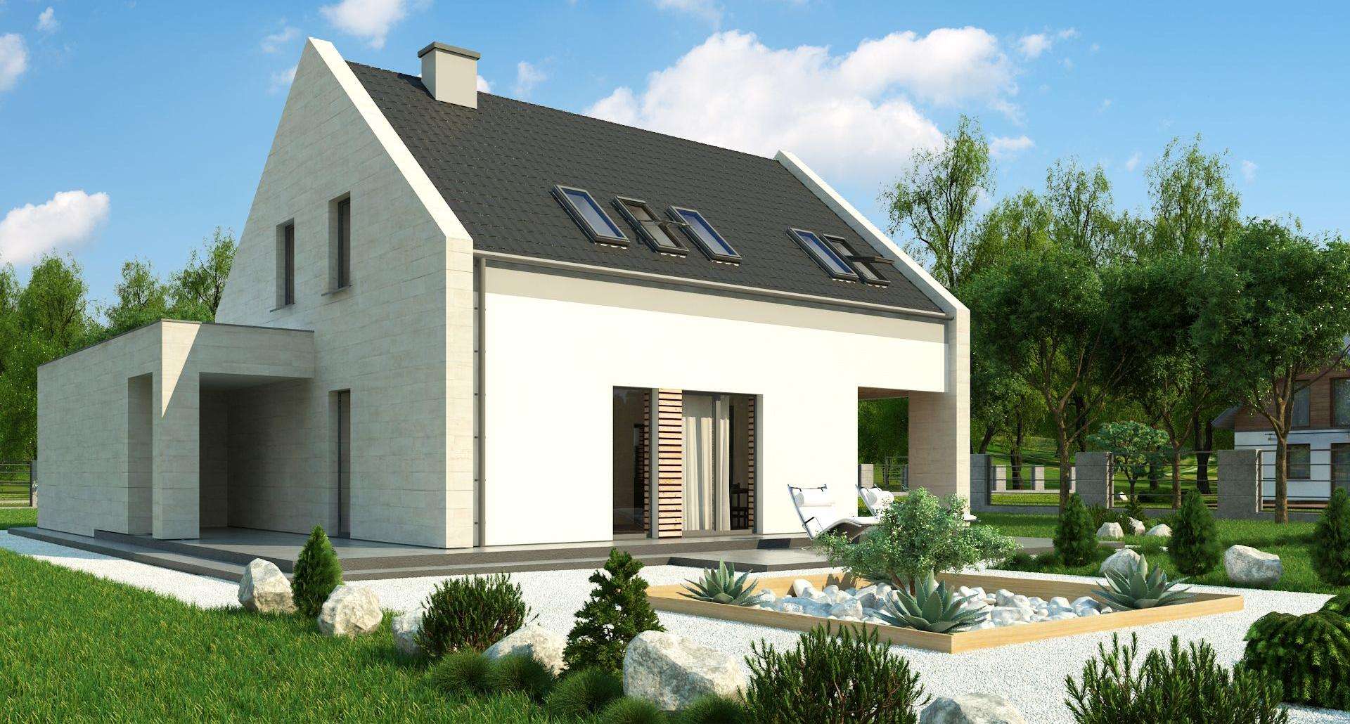 Fatada Casă cu mansardă 120 mp utili, un dormitor, 2 băi