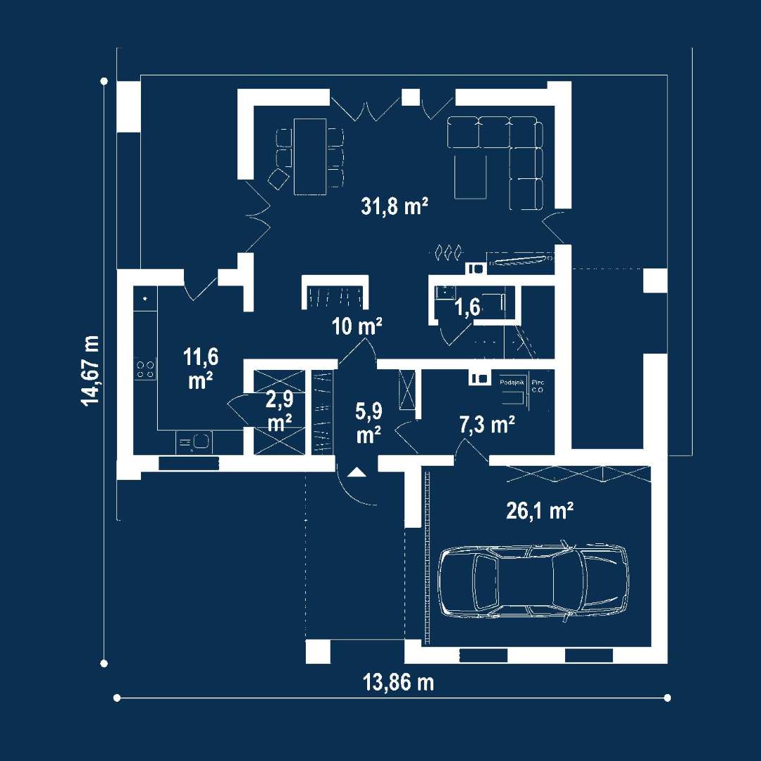 Plan parter Casă cu mansardă 120 mp utili, un dormitor, 2 băi