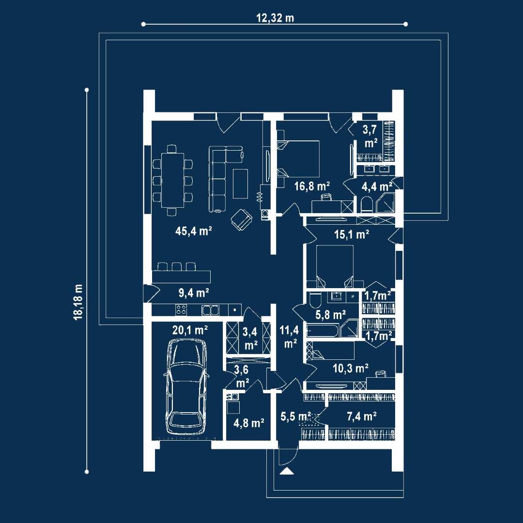 Plan parter Casă parter 145 mp utili, 3 dormitoare, 2 băi