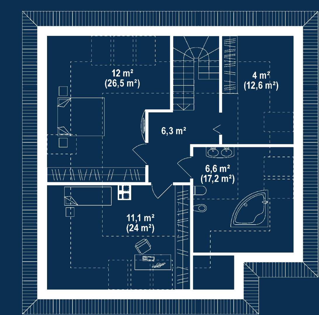 Plan mansardă Casă cu mansardă 123 mp utili, 2 dormitoare, 2 băi