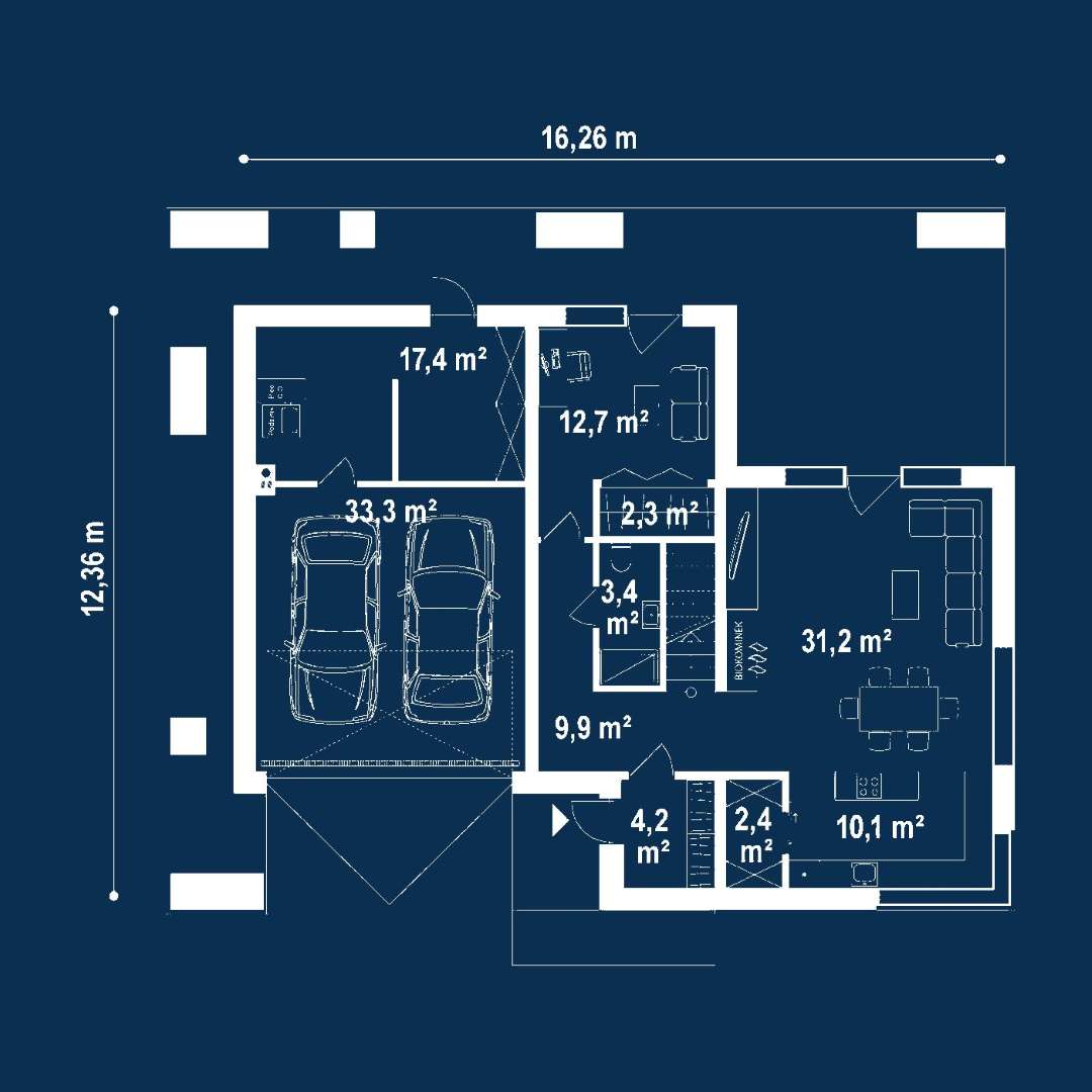 Plan parter Casă cu mansardă 133 mp utili, un dormitor, 3 băi