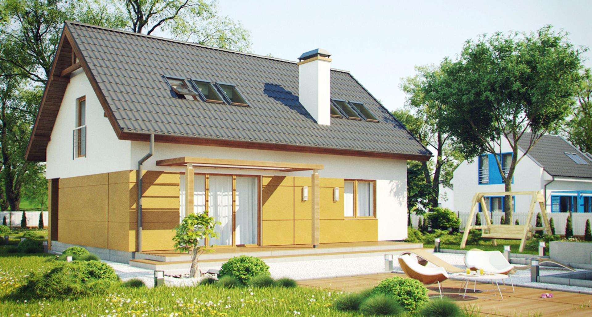 Fatada Casă cu mansardă 119 mp utili, un dormitor, 2 băi
