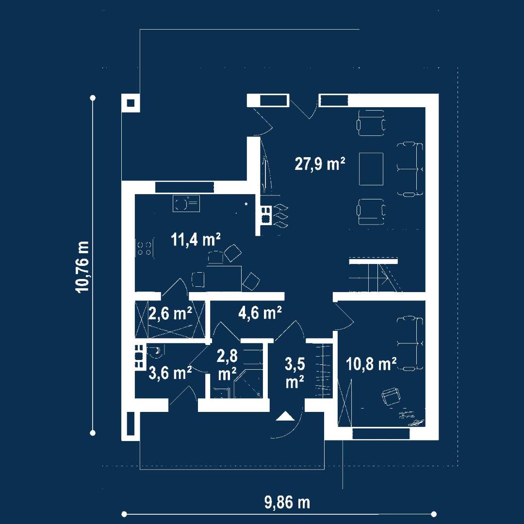 Plan parter Casă cu mansardă 122 mp utili, un dormitor, 2 băi