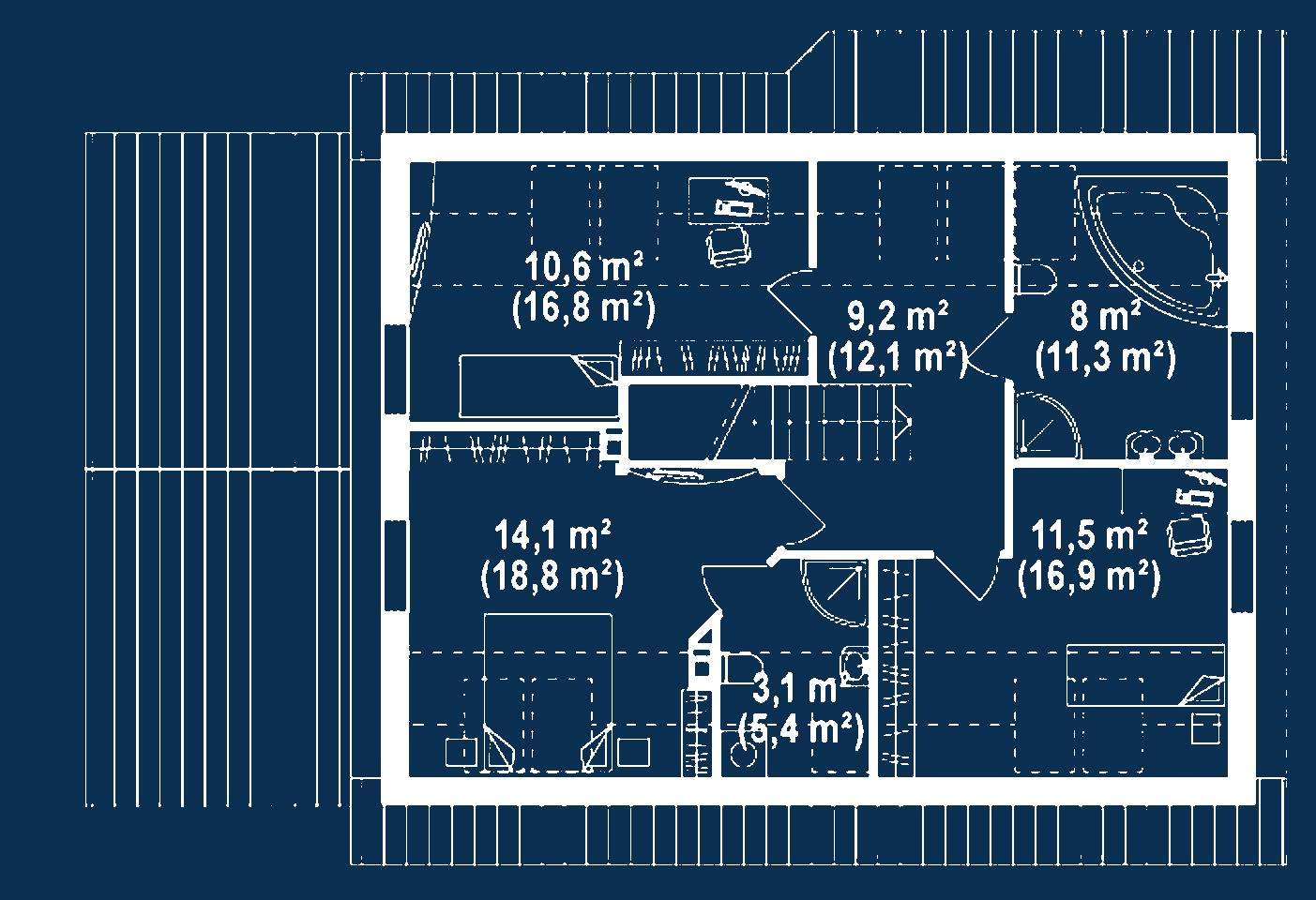 Plan mansardă Casă cu mansardă 131 mp utili, un dormitor, o baie
