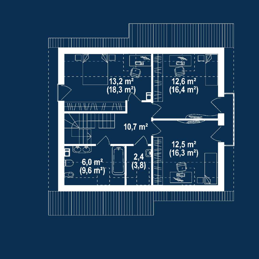 Plan mansardă Casă cu mansardă 117 mp utili, un dormitor, 2 băi