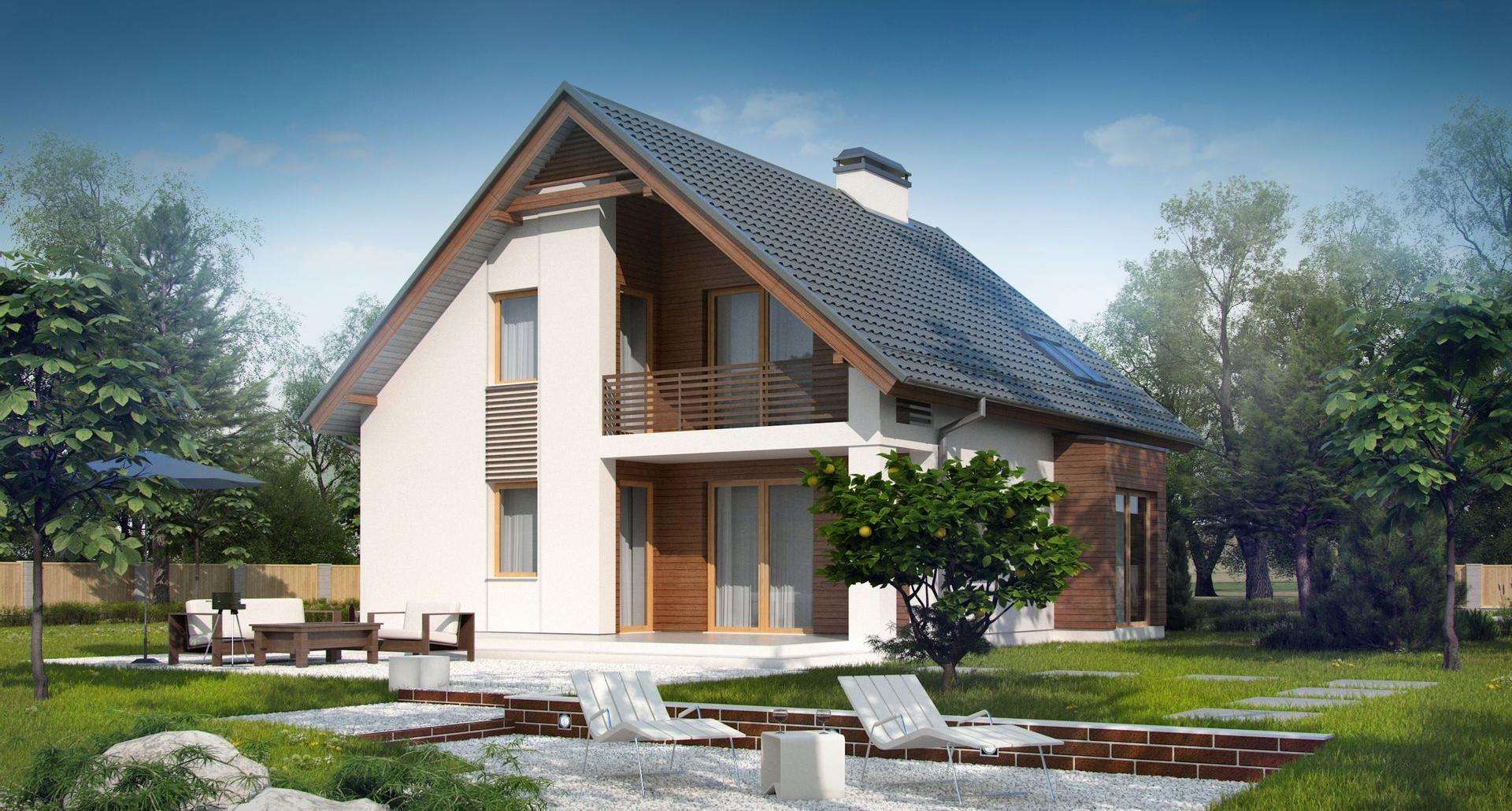 Fatada Casă cu mansardă 133 mp utili, un dormitor, 2 băi