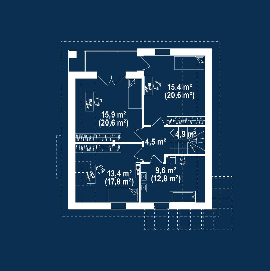 Plan mansardă Casă cu mansardă 133 mp utili, un dormitor, 2 băi