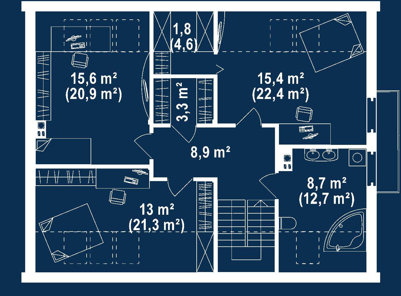 Plan mansardă Casă cu mansardă 137 mp utili, un dormitor, 2 băi