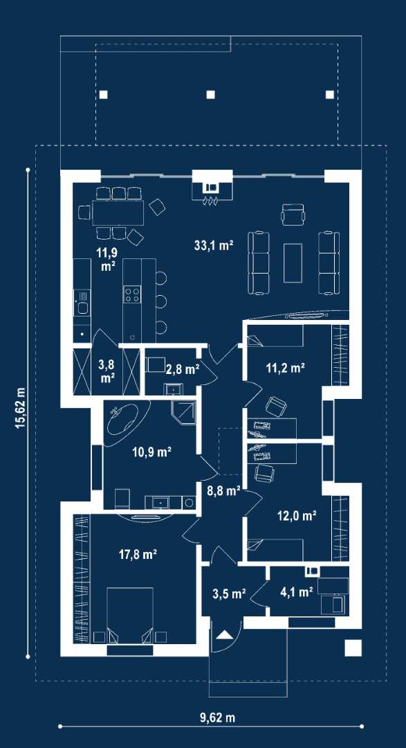 Plan parter Casă parter 115 mp utili, 3 dormitoare, o baie