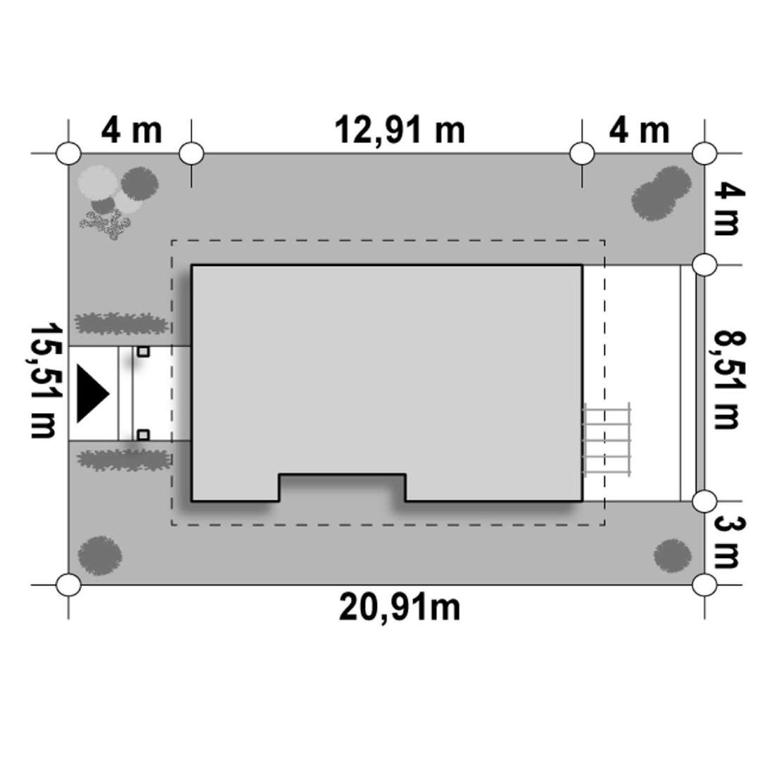 Plan amplasament Casă parter 84 mp utili, 2 dormitoare, o baie