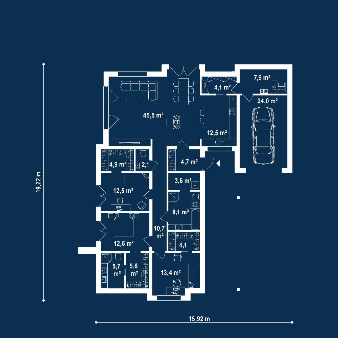 Plan parter Casă parter 150 mp utili, 3 dormitoare, 2 băi