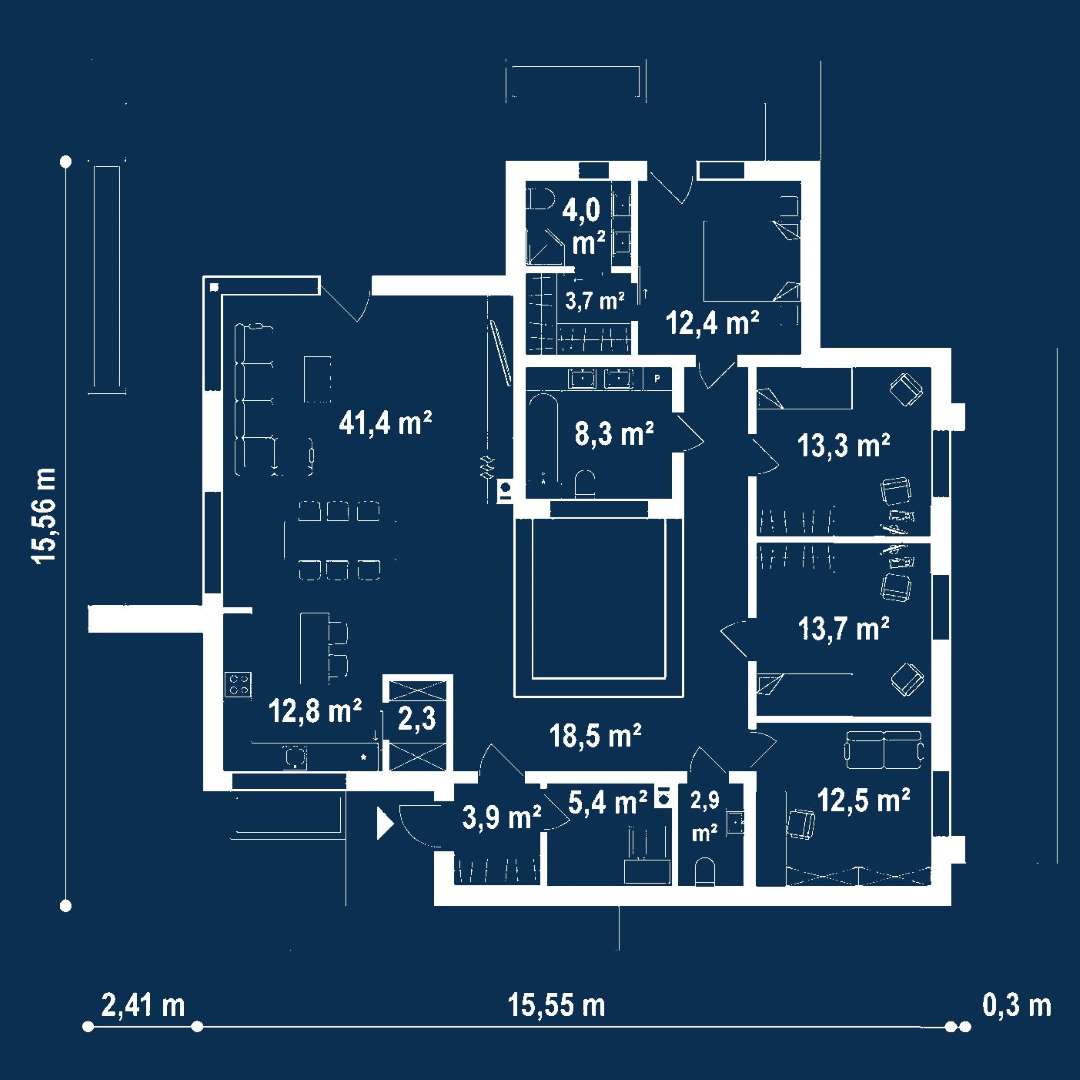 Plan parter Casă parter 149 mp utili, 3 dormitoare, 2 băi