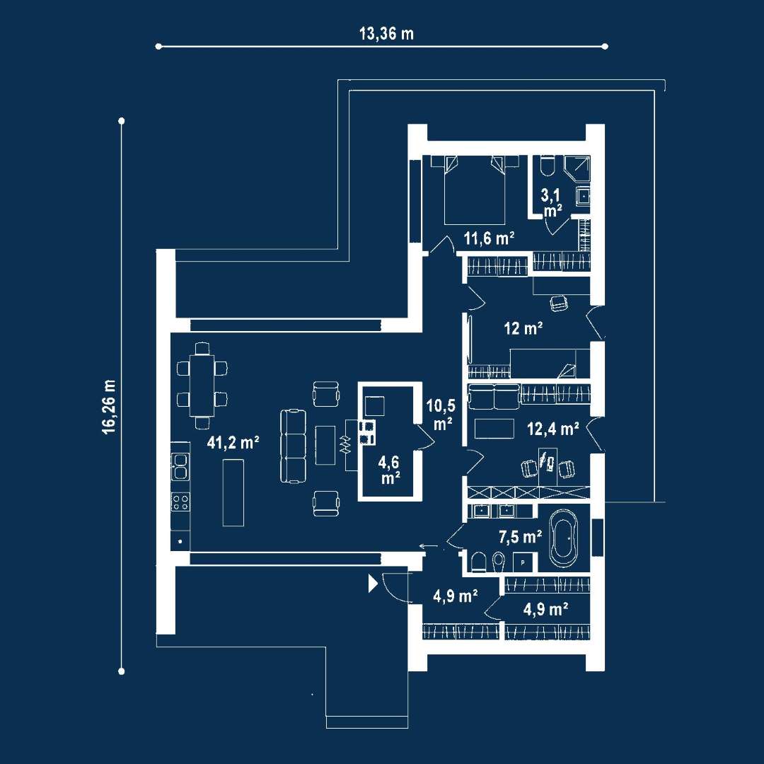Plan parter Casă parter 108 mp utili, 3 dormitoare, 2 băi