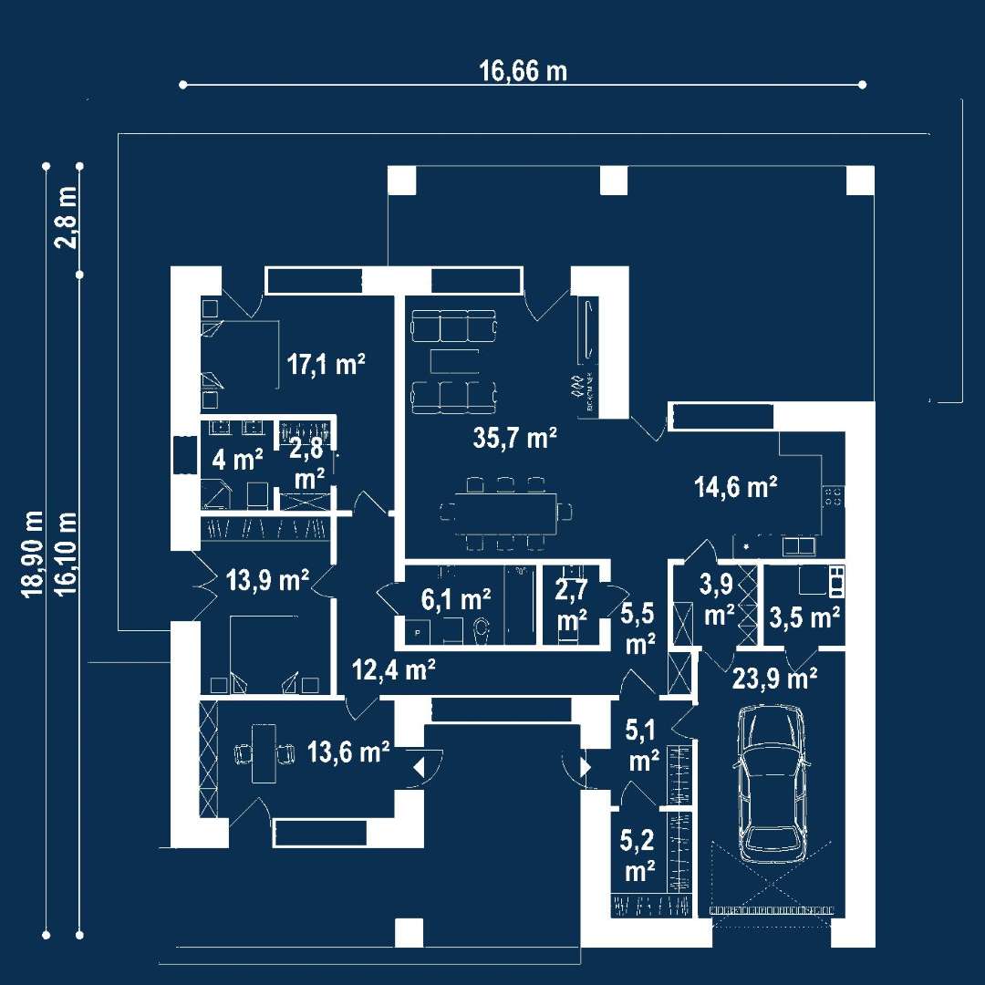 Plan parter Casă parter 142 mp utili, 2 dormitoare, 2 băi