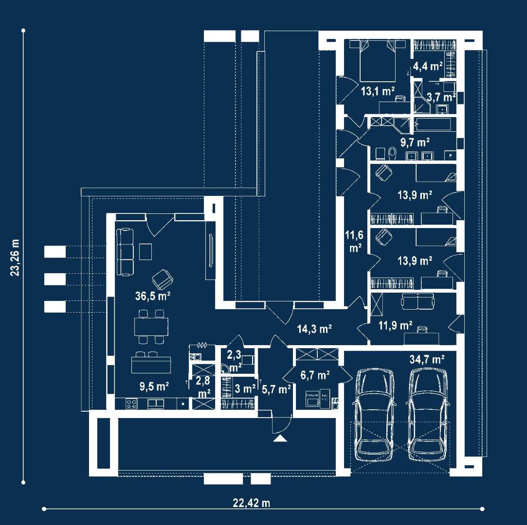 Plan parter Casă parter 156 mp utili, 3 dormitoare, 2 băi