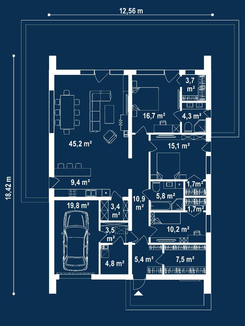 Plan parter Casă parter 144 mp utili, 3 dormitoare, 2 băi