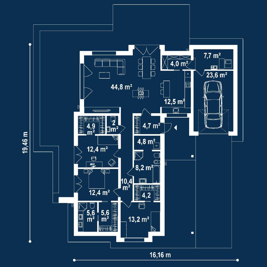 Plan parter Casă parter 147 mp utili, 3 dormitoare, 2 băi