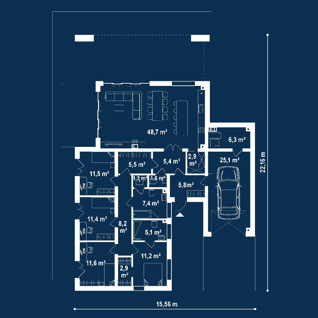Plan parter Casă parter 140 mp utili, 4 dormitoare, 2 băi