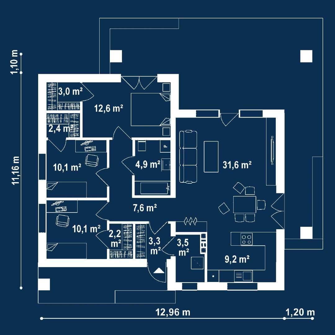 Plan parter Casă parter 96 mp utili, 3 dormitoare, o baie