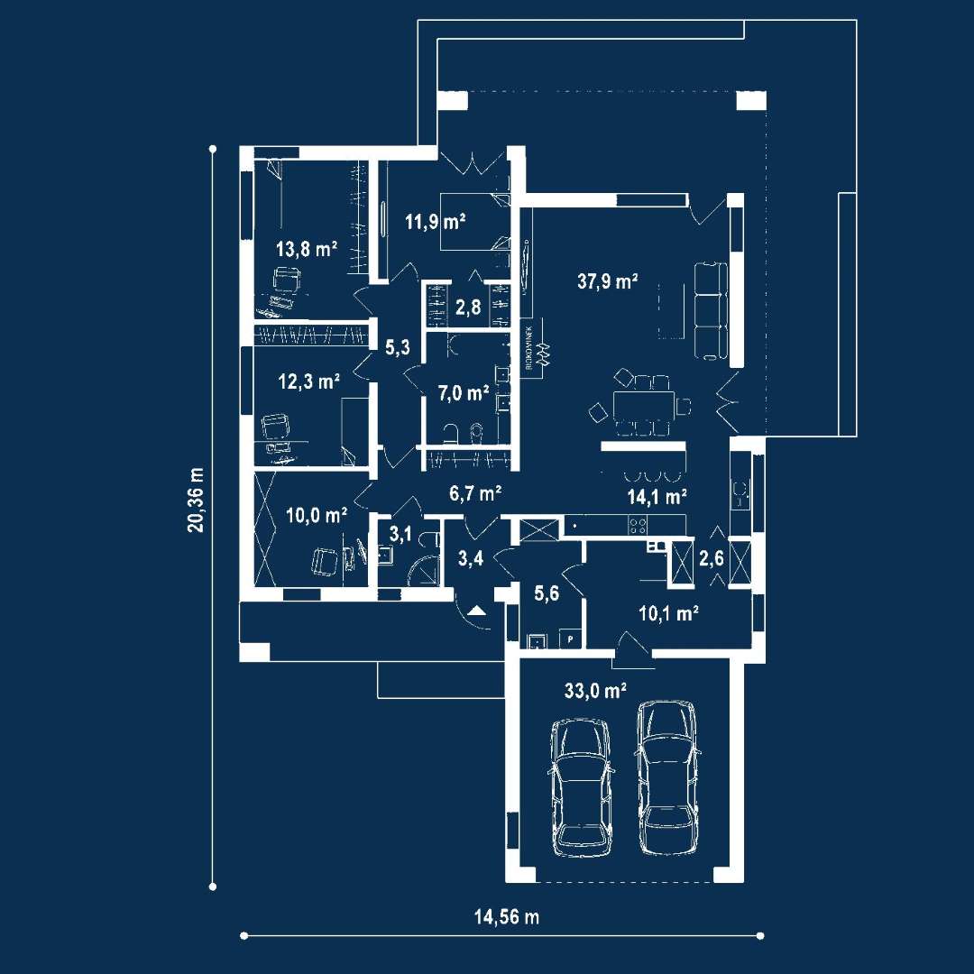Plan parter Casă parter 136 mp utili, 3 dormitoare, 2 băi