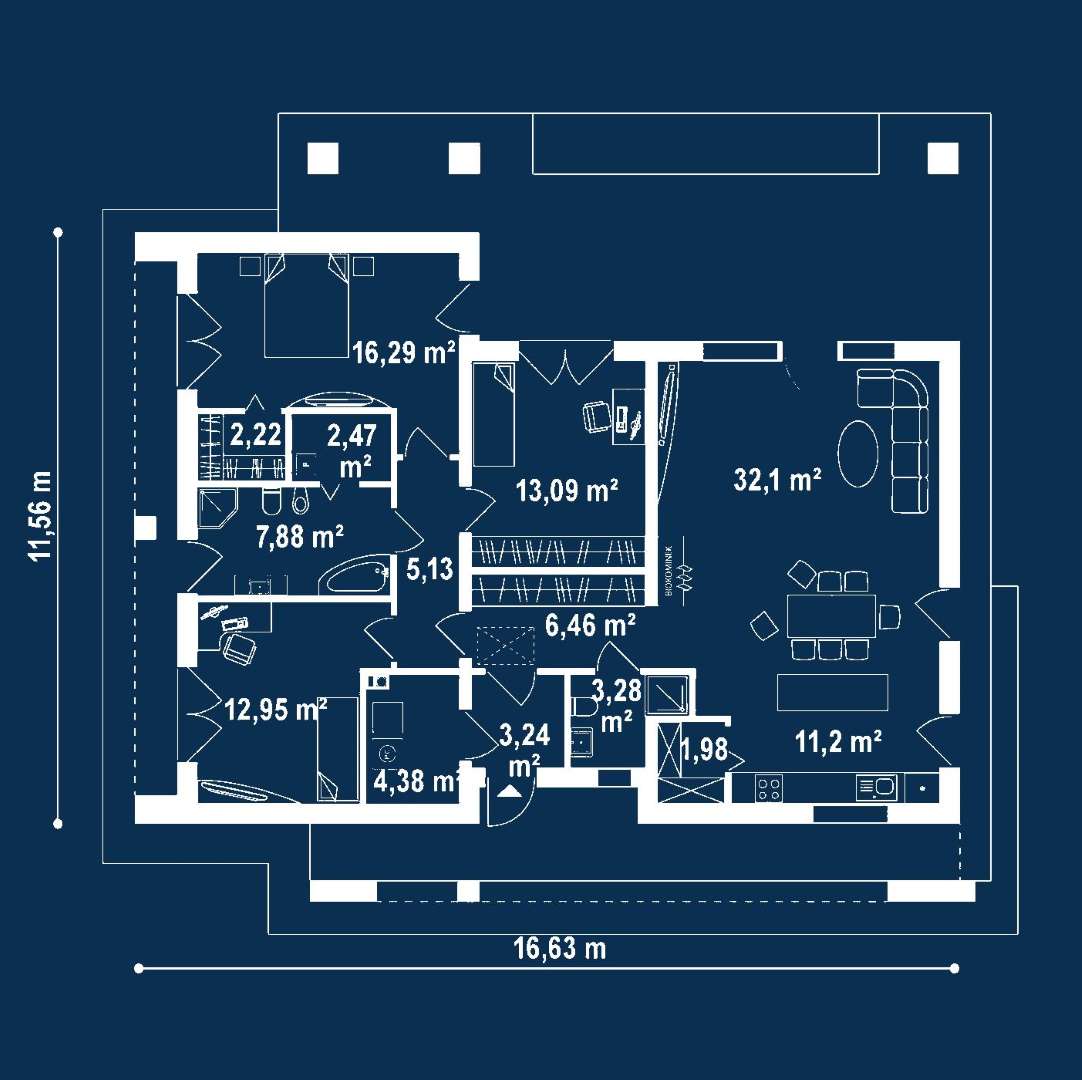 Plan parter Casă parter 118 mp utili, 3 dormitoare, 2 băi