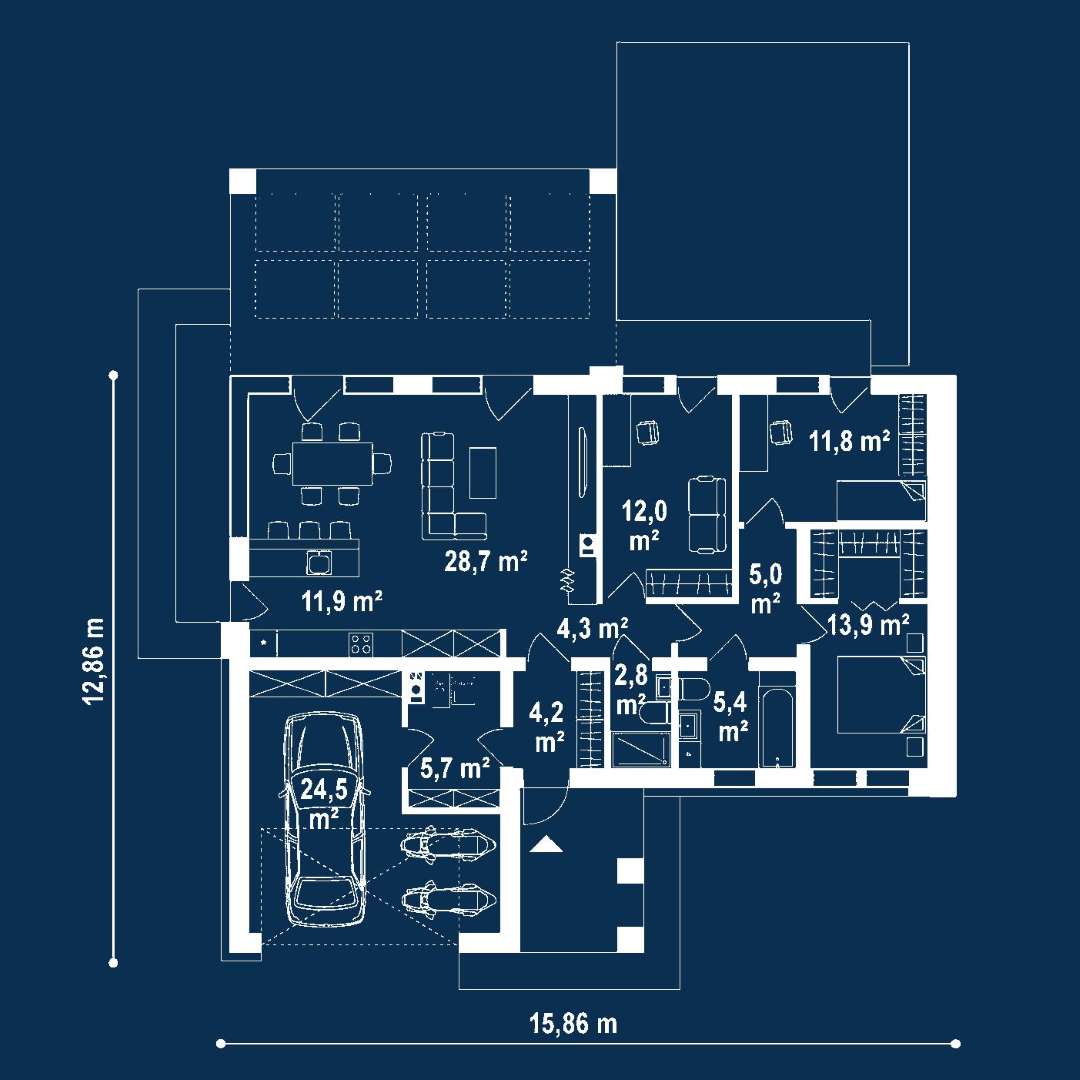 Plan parter Casă parter 100 mp utili, un dormitor, 2 băi