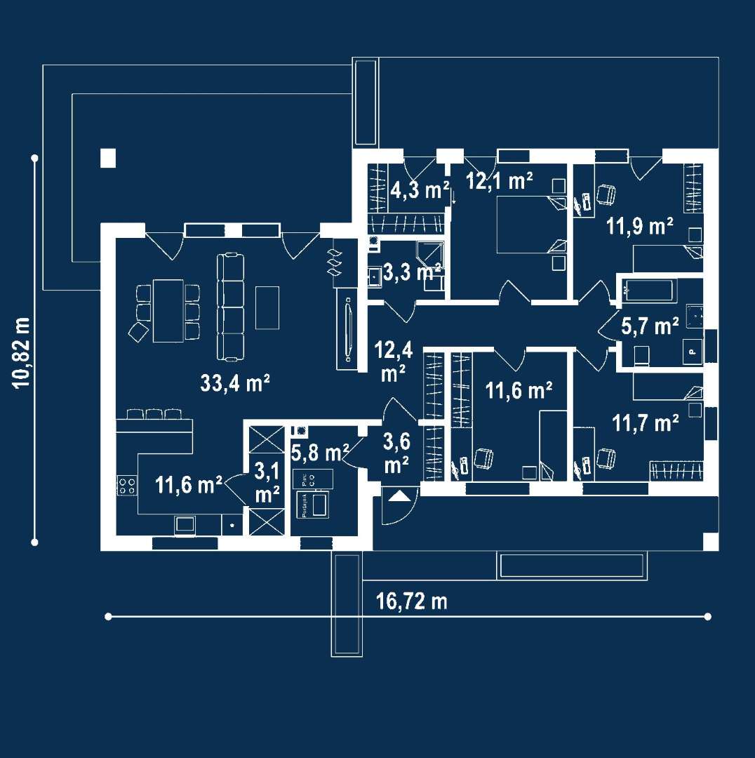 Plan parter Casă parter 124 mp utili, 4 dormitoare, 2 băi