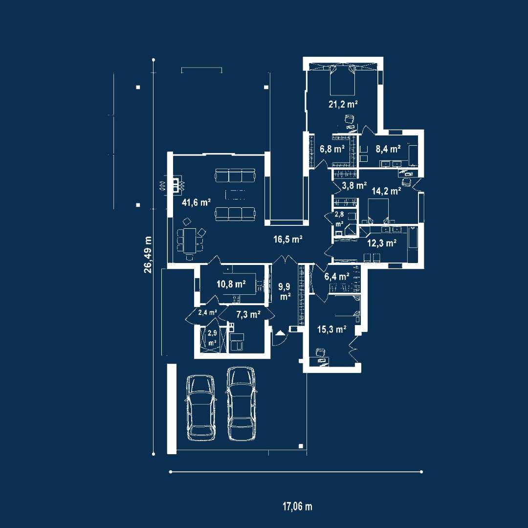 Plan parter Casă parter 175 mp utili, 3 dormitoare, 3 băi