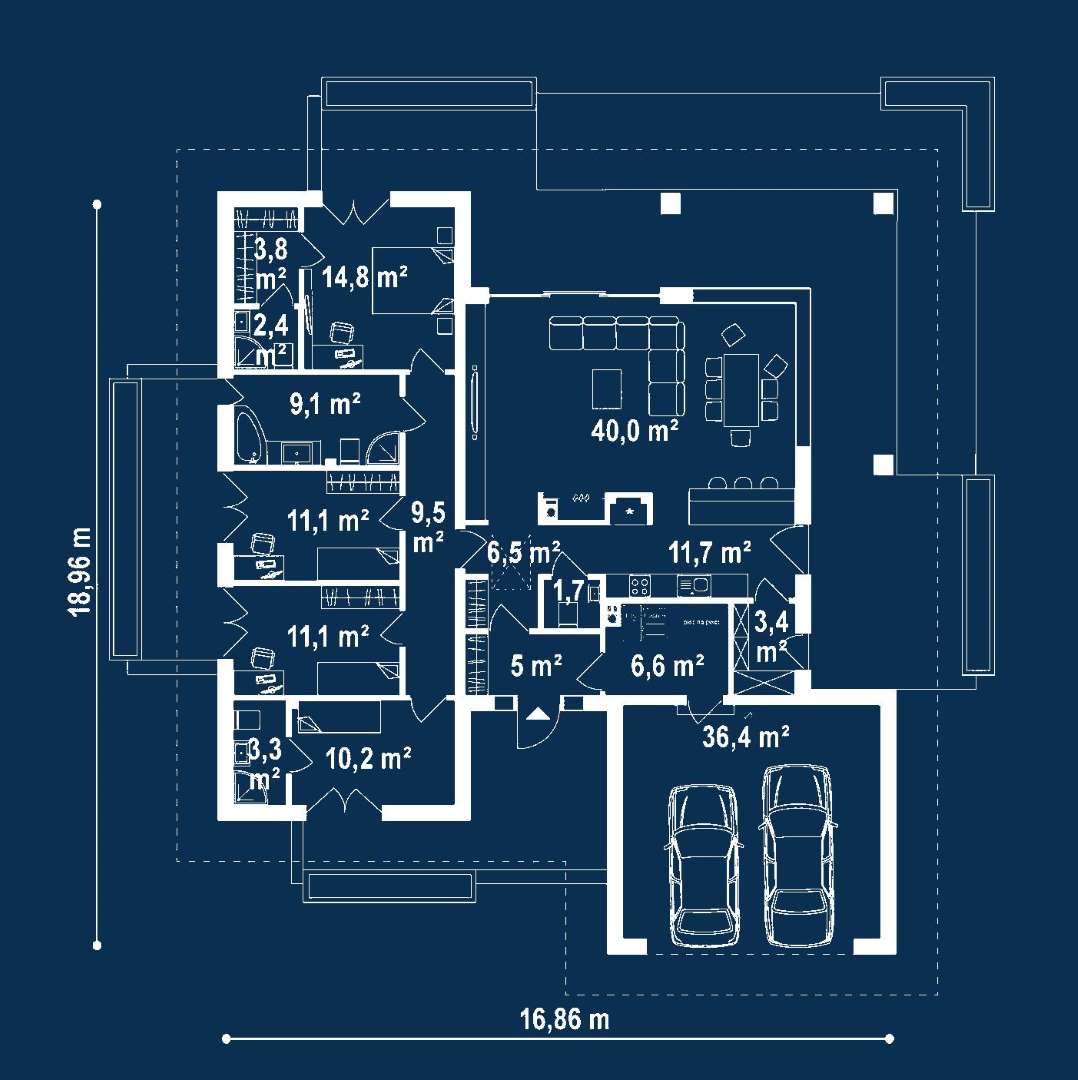 Plan parter Casă parter 143 mp utili, 4 dormitoare, 3 băi