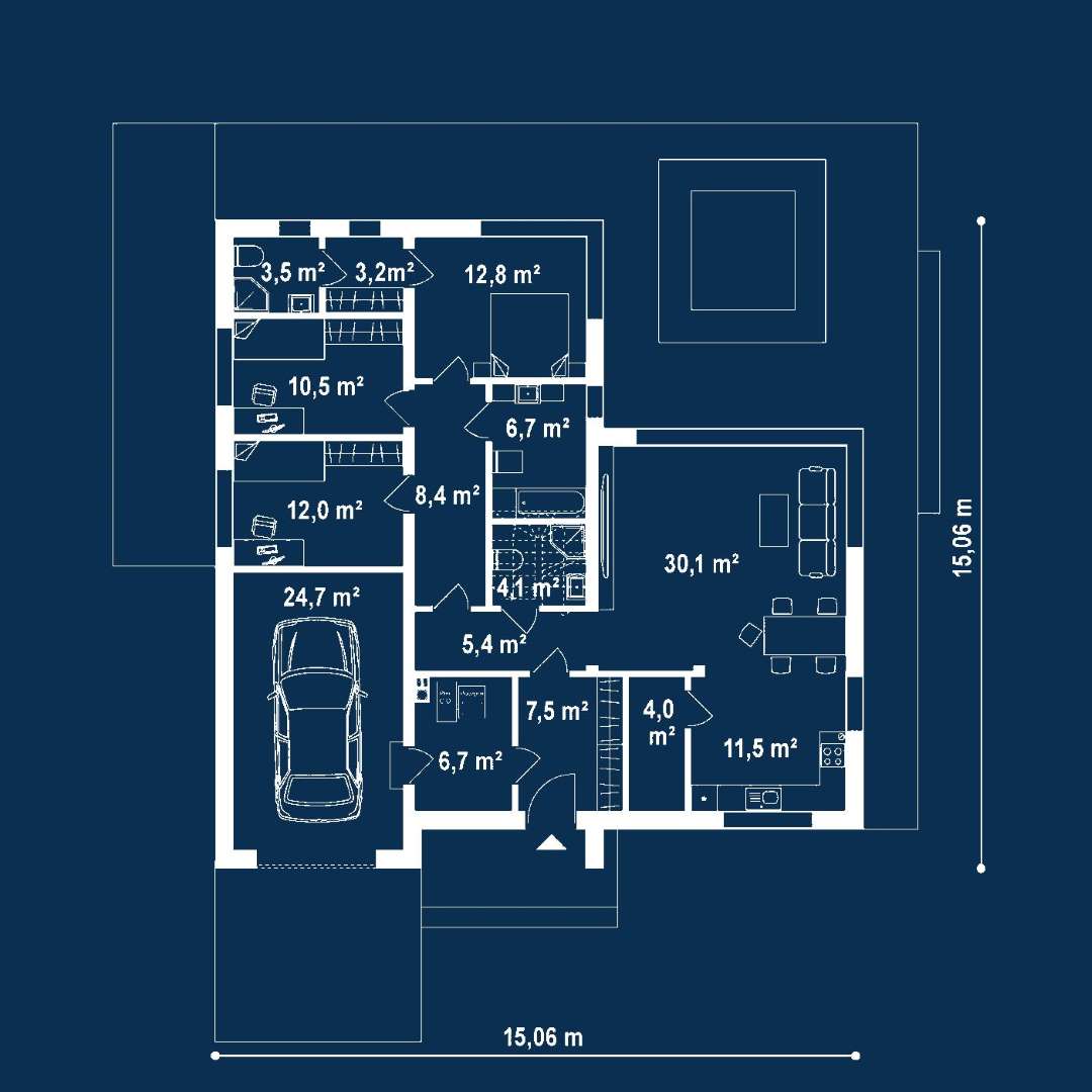 Plan parter Casă parter 119 mp utili, 3 dormitoare, 3 băi