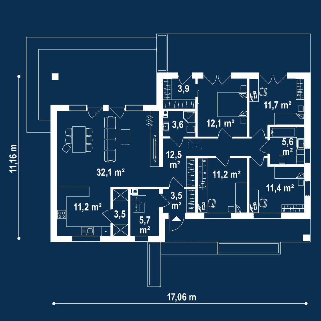 Plan parter Casă parter 122 mp utili, 4 dormitoare, 2 băi