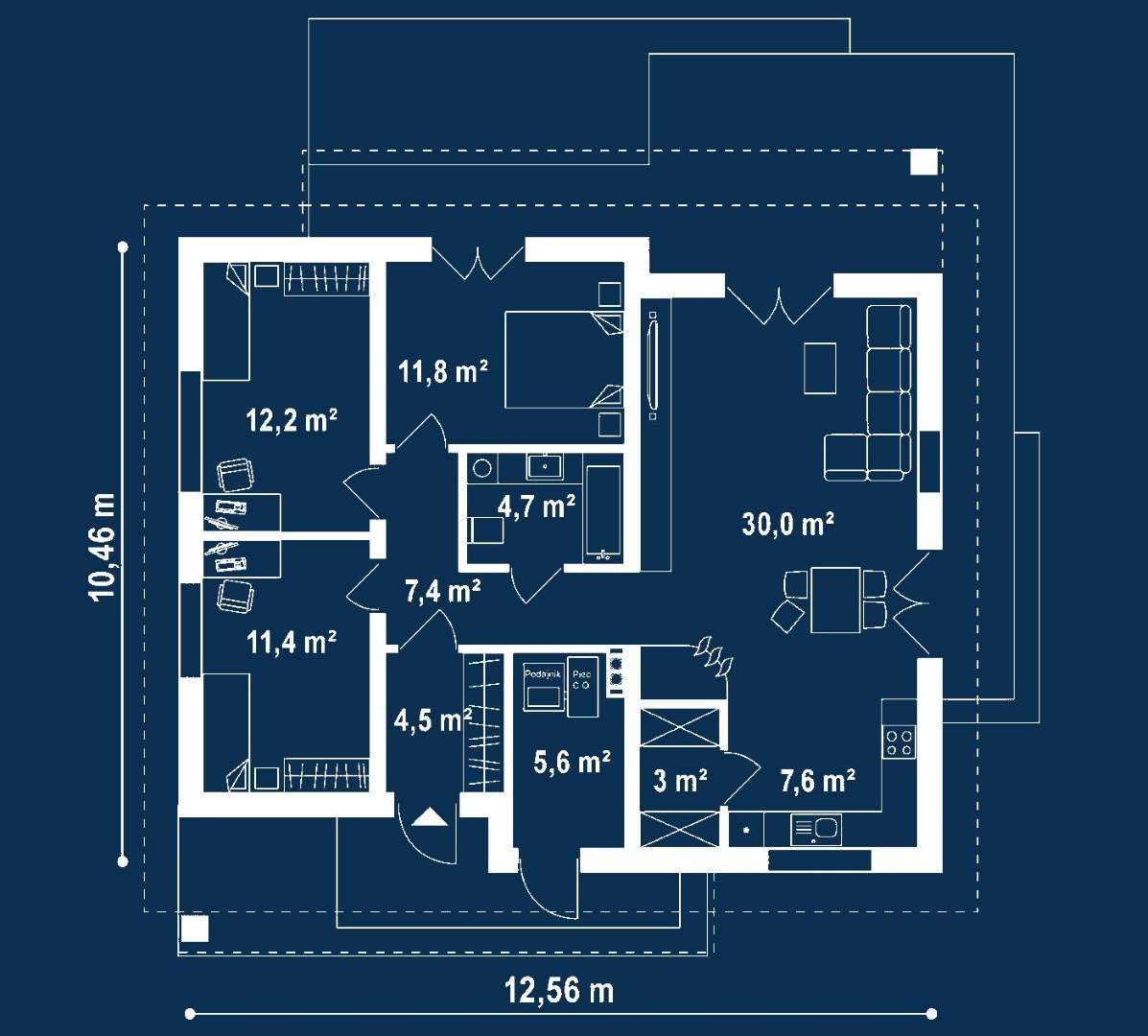 Plan parter Casă parter 92 mp utili, 3 dormitoare, o baie