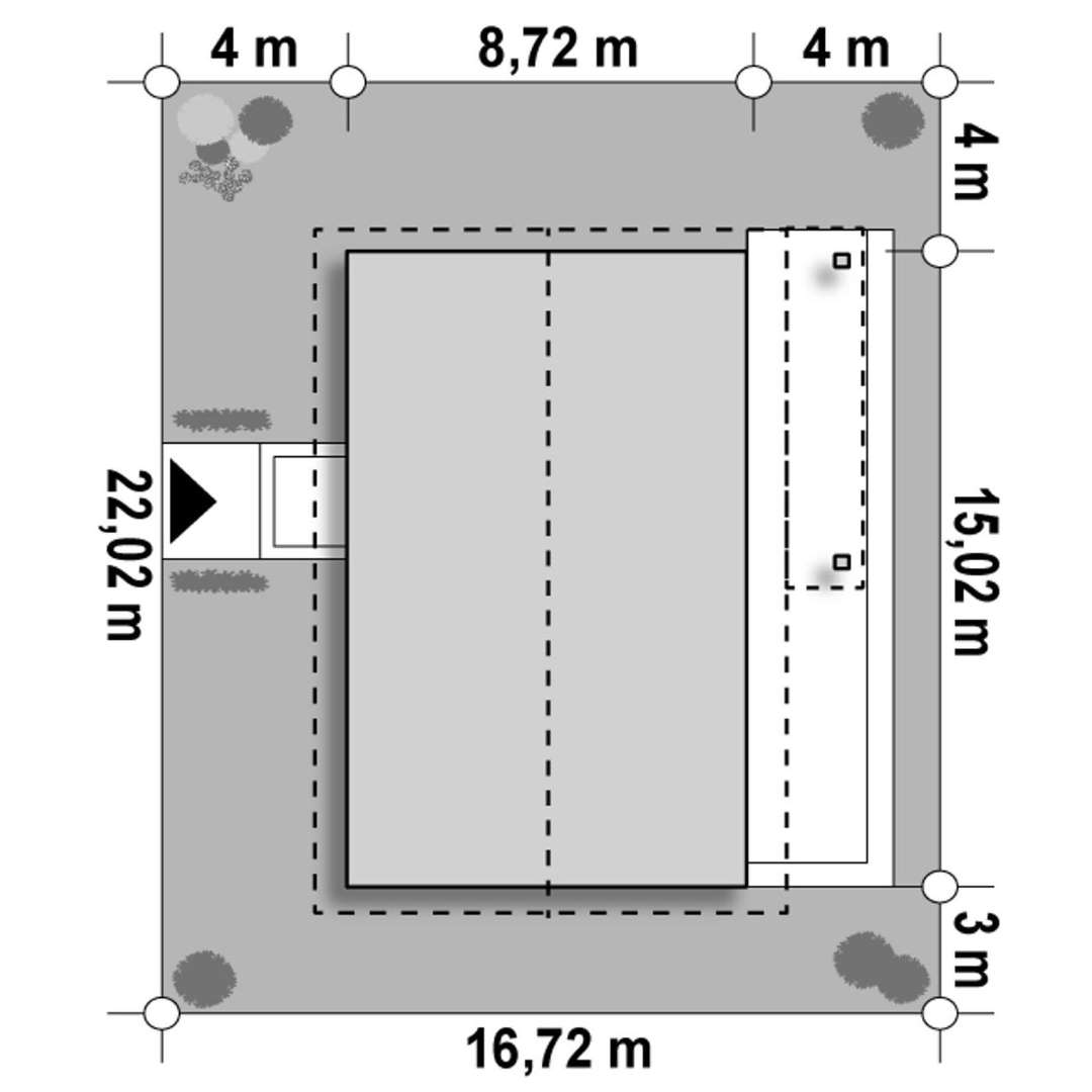Plan amplasament Casă parter 106 mp utili, 4 dormitoare, o baie