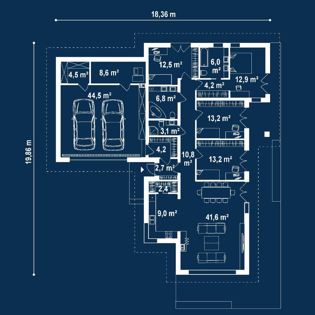 Plan parter Casă parter 142 mp utili, 4 dormitoare, 3 băi