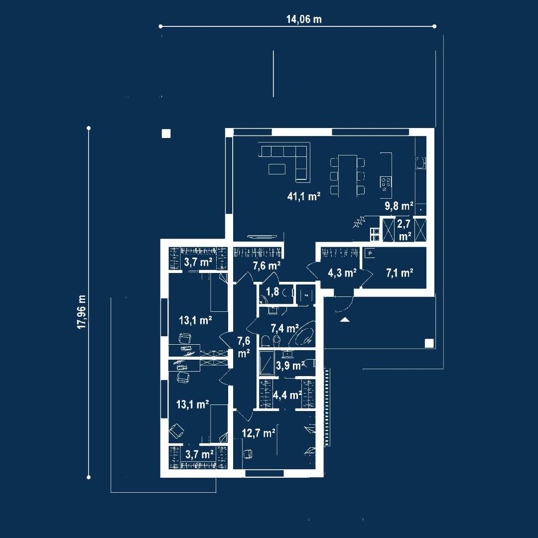 Plan parter Casă parter 136 mp utili, 3 dormitoare, 2 băi
