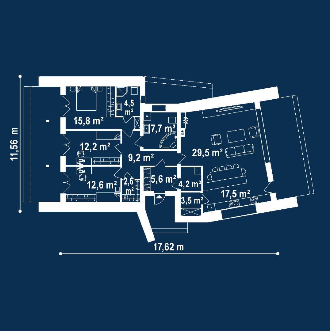 Plan parter Casă parter 120 mp utili, 3 dormitoare, 2 băi