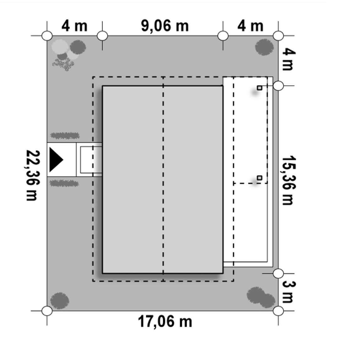 Plan amplasament Casă parter 105 mp utili, 4 dormitoare, o baie