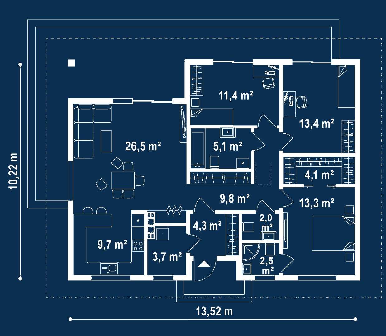 Plan parter Casă parter 101 mp utili, 3 dormitoare, 2 băi