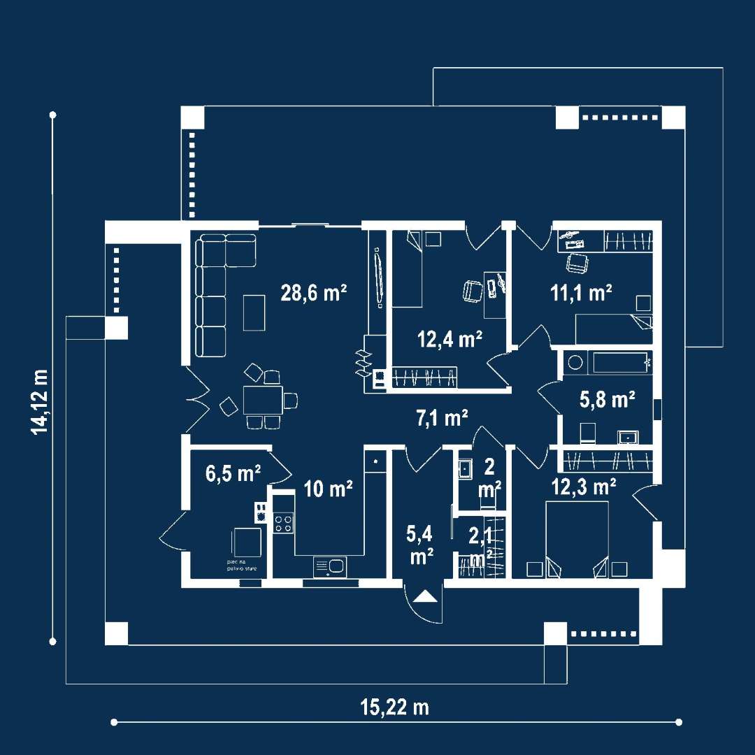 Plan parter Casă parter 96 mp utili, 3 dormitoare, o baie