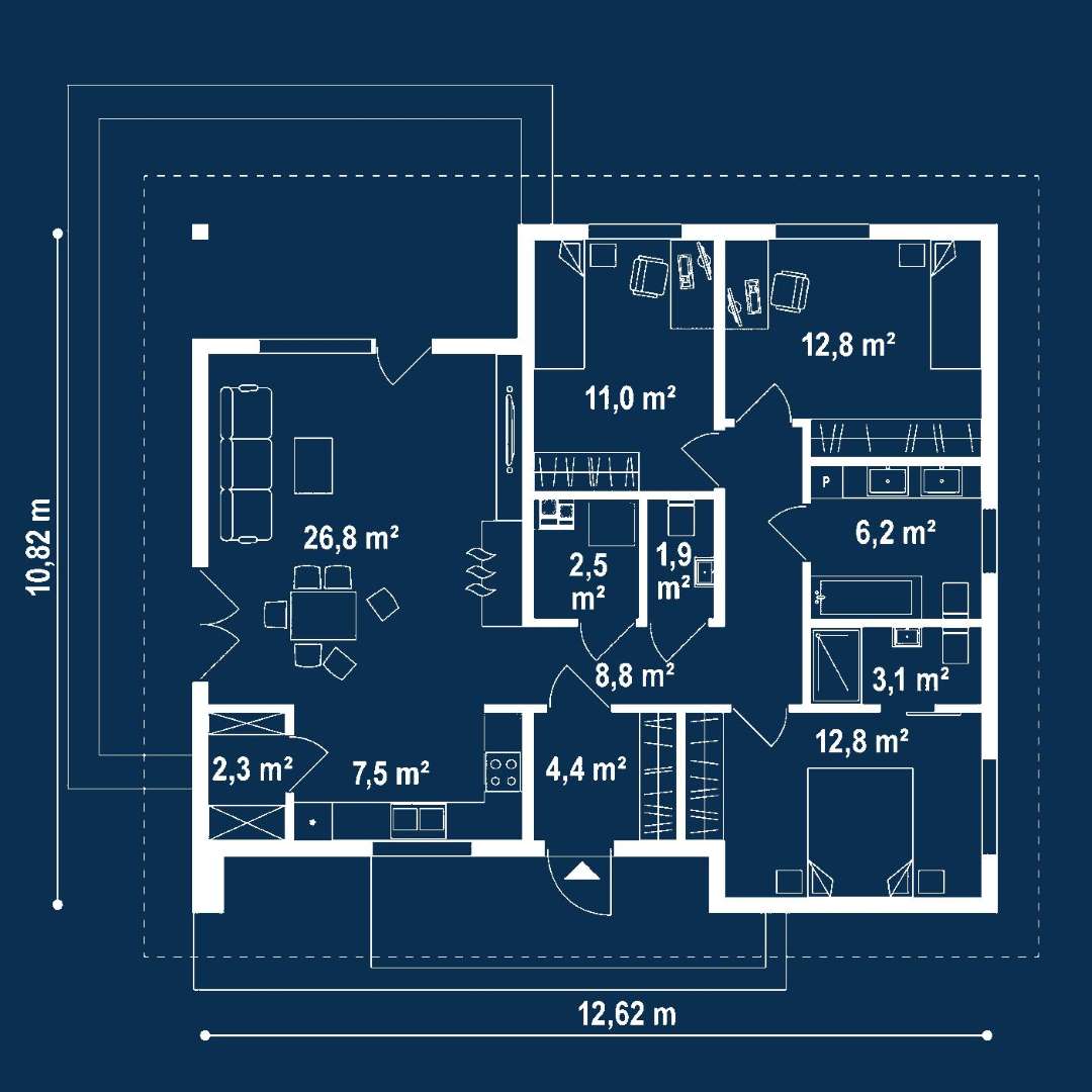 Plan parter Casă parter 97 mp utili, 3 dormitoare, 2 băi