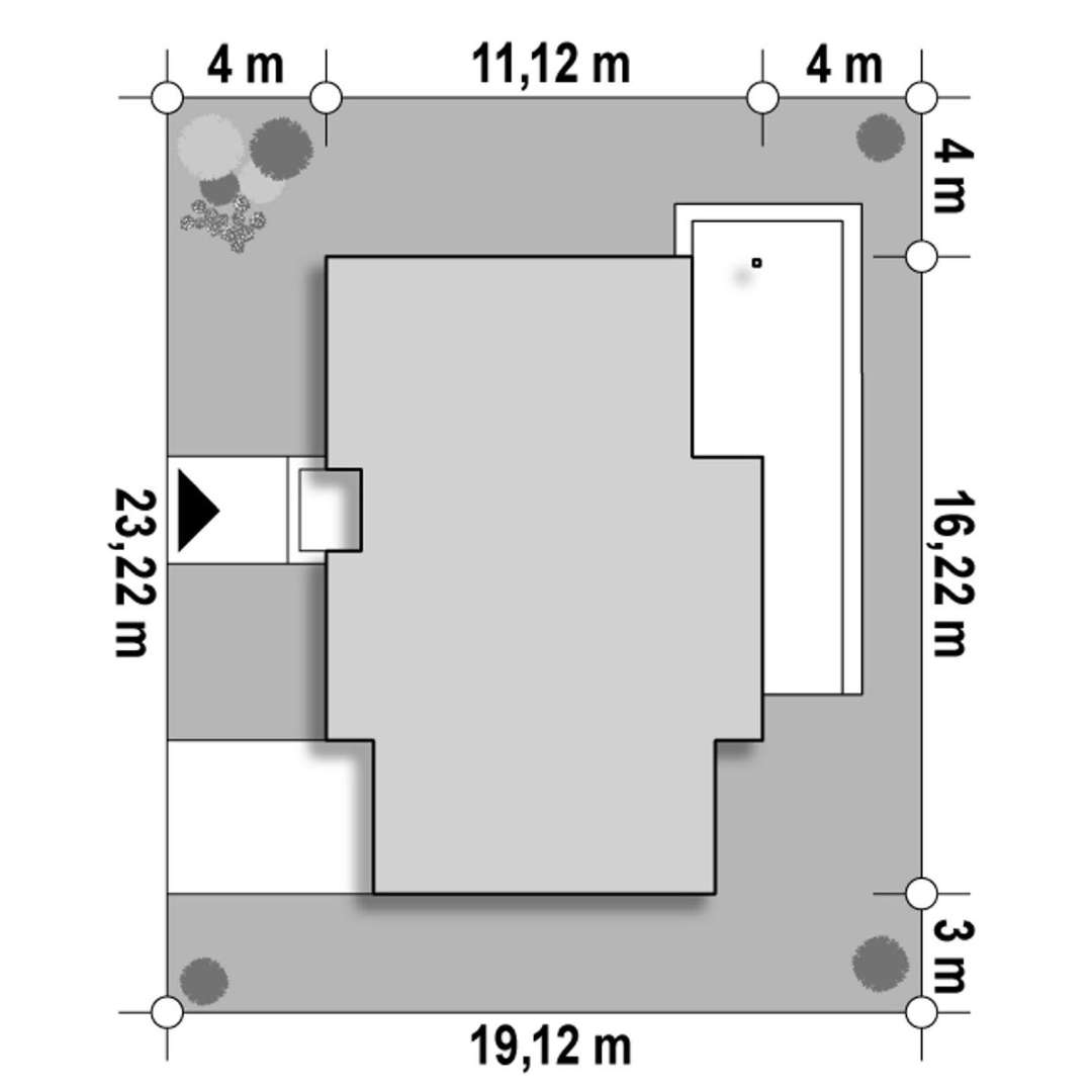 Plan amplasament Casă parter 106 mp utili, 3 dormitoare, o baie