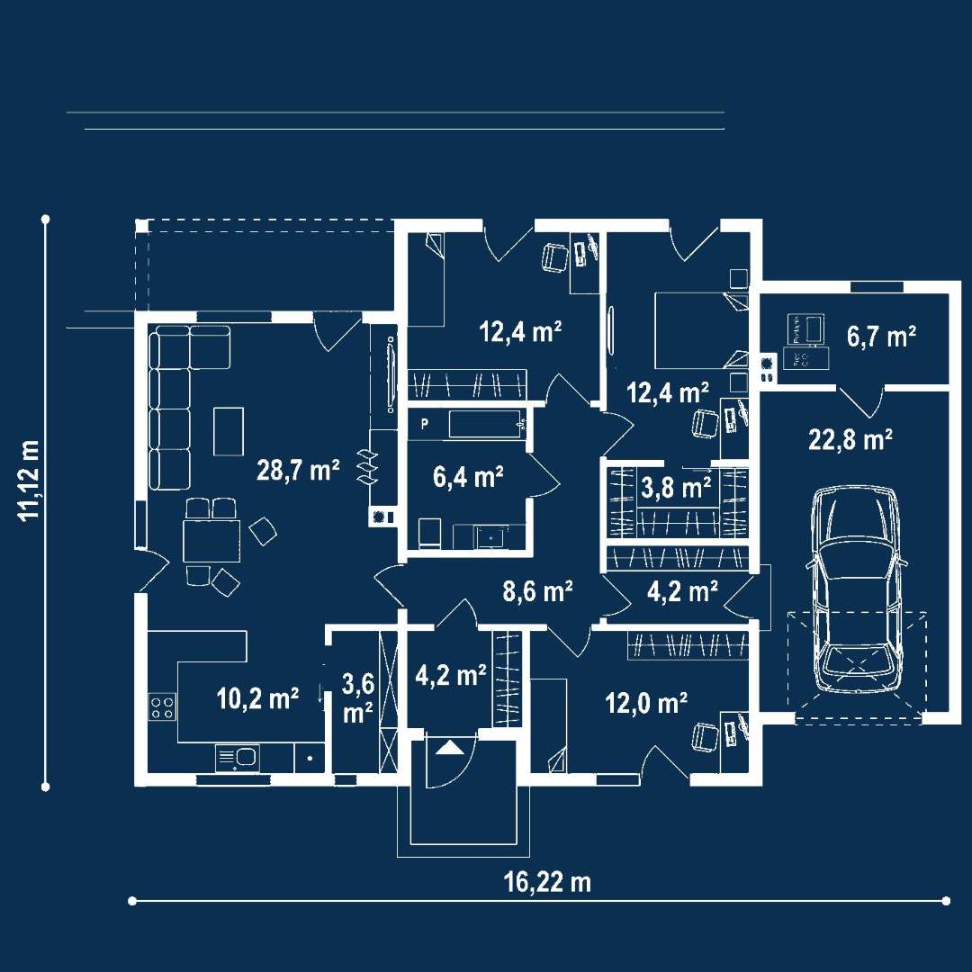Plan parter Casă parter 106 mp utili, 3 dormitoare, o baie