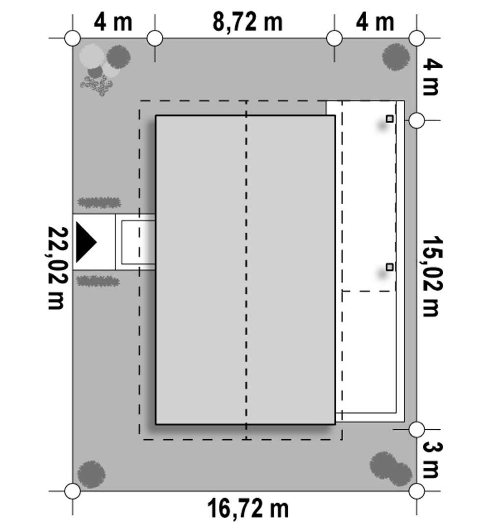 Plan amplasament Casă parter 105 mp utili, 4 dormitoare, o baie