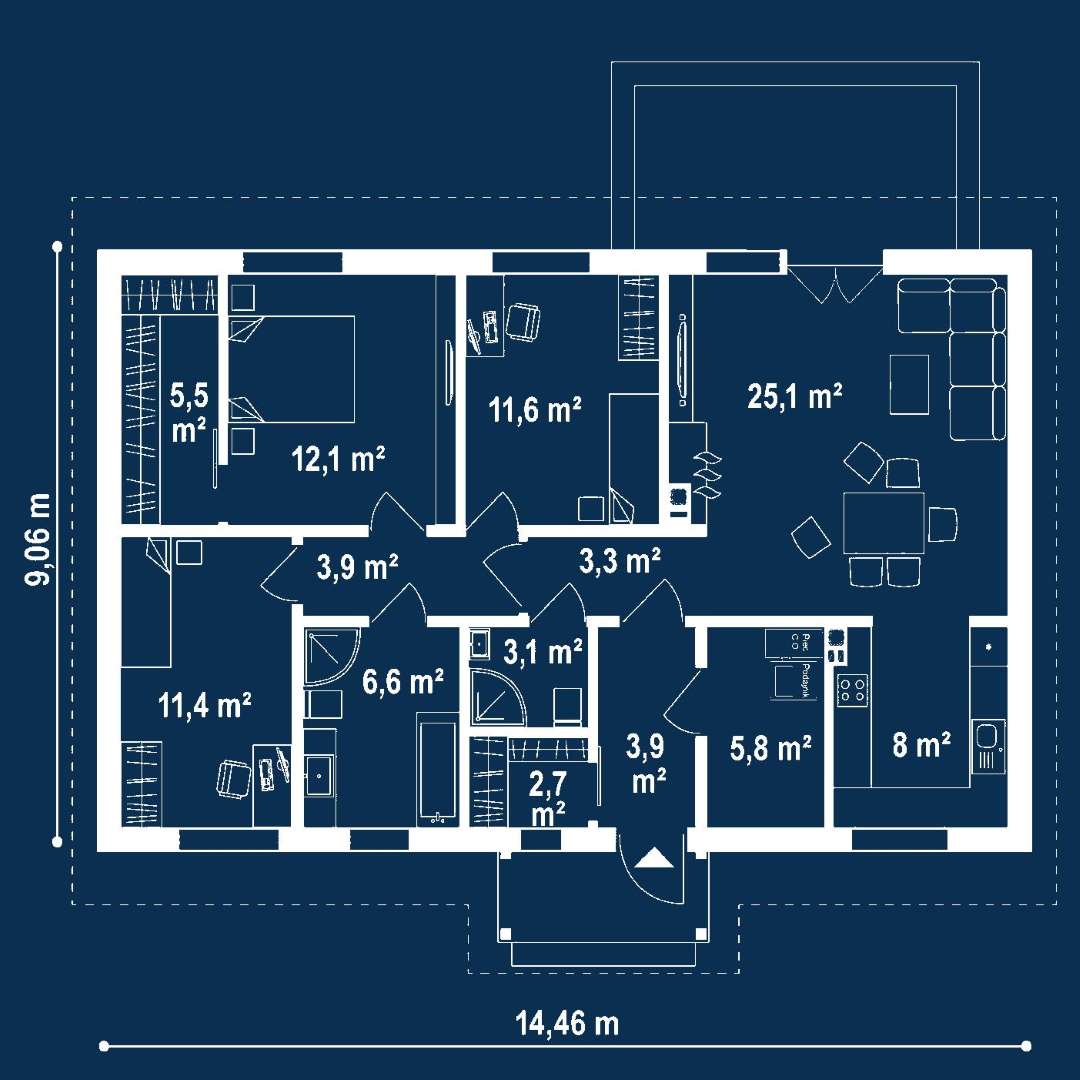 Plan parter Casă parter 97 mp utili, 3 dormitoare, 2 băi
