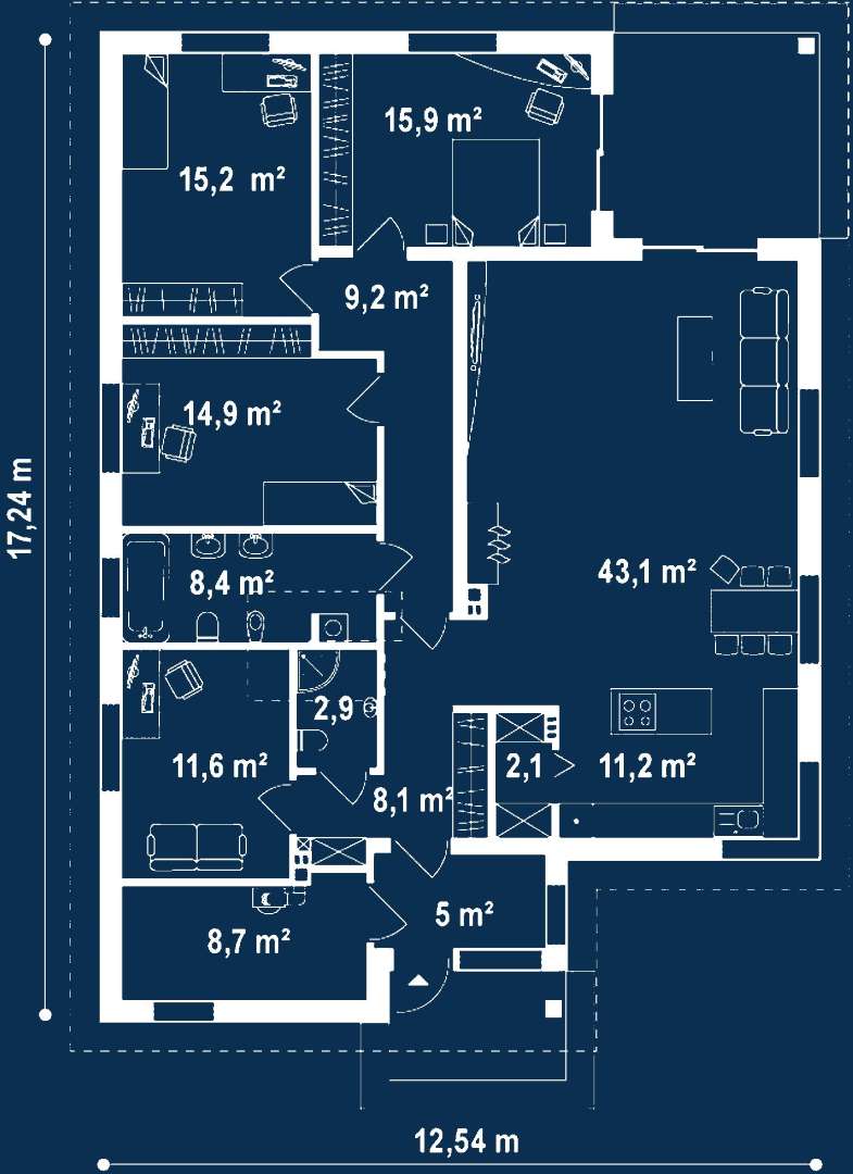 Plan parter Casă parter 149 mp utili, 3 dormitoare, 2 băi