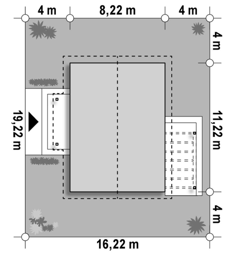 Plan amplasament Casă parter 74 mp utili, 2 dormitoare, o baie