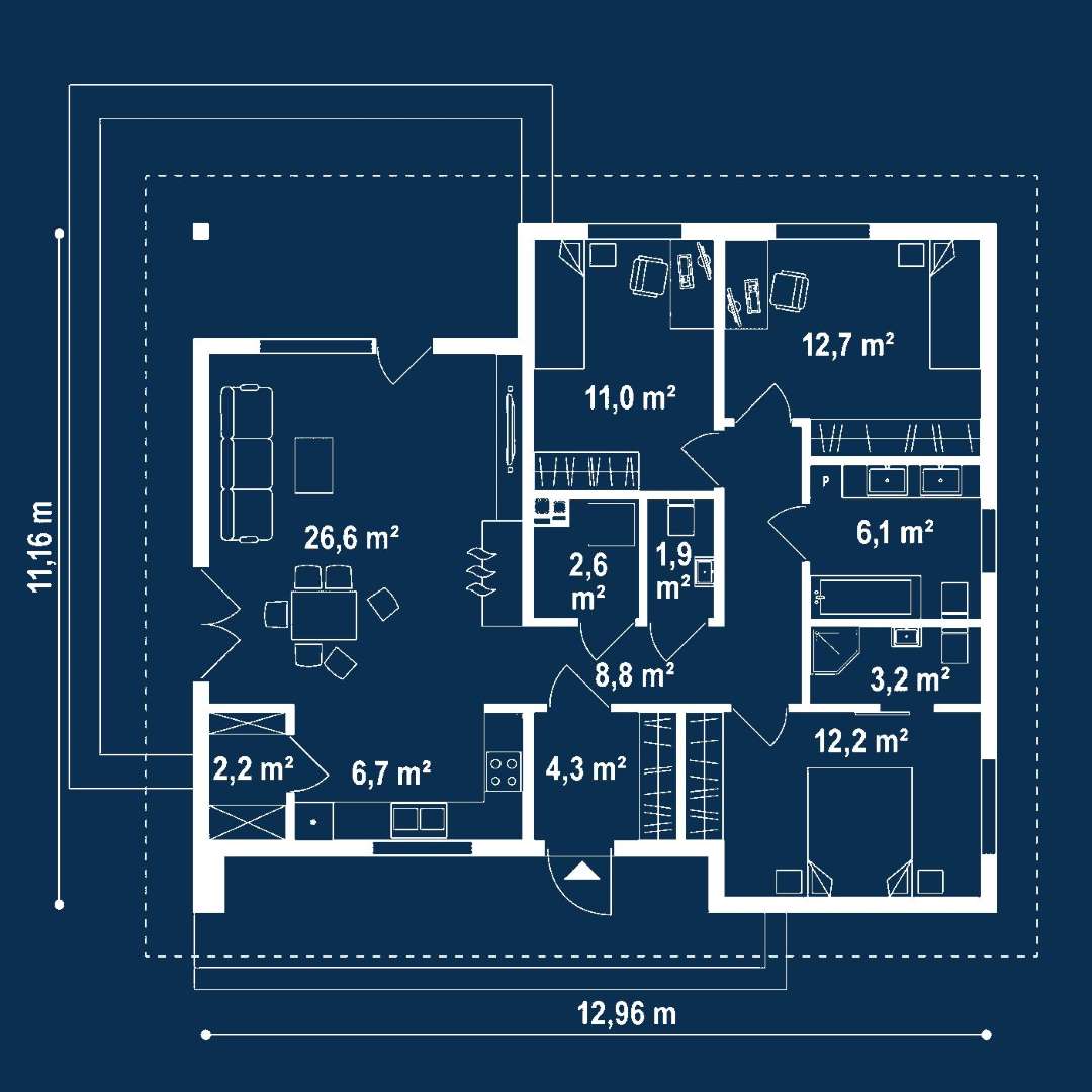Plan parter Casă parter 95 mp utili, 3 dormitoare, 2 băi