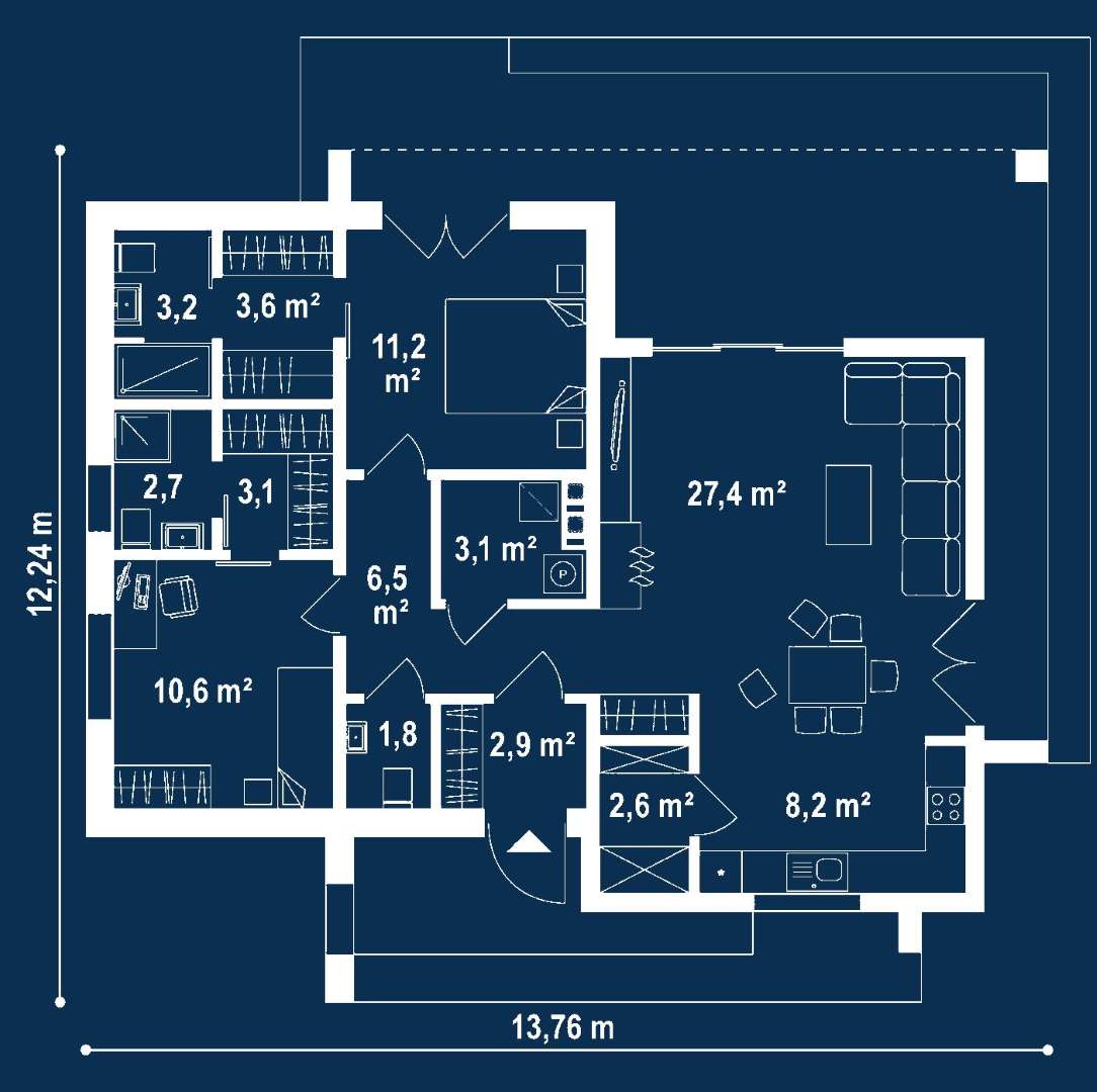 Plan parter Casă parter 83 mp utili, 2 dormitoare, 2 băi
