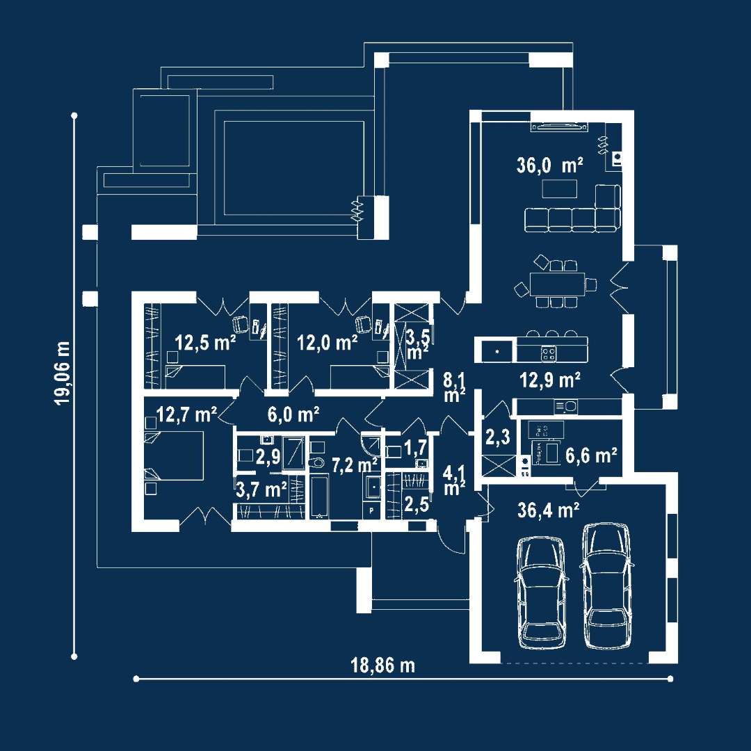 Plan parter Casă parter 127 mp utili, 3 dormitoare, 2 băi